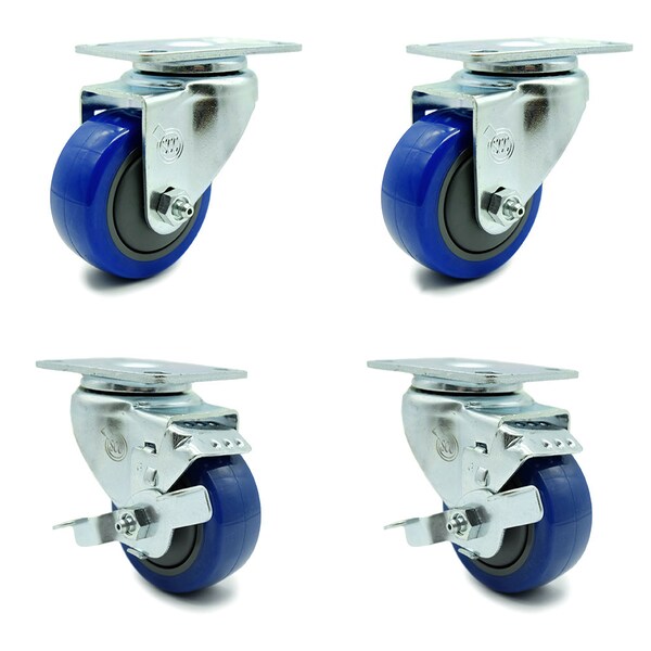 3 Inch Blue Polyurethane Wheel Swivel Top Plate Caster Set with 2 Brakes SCC